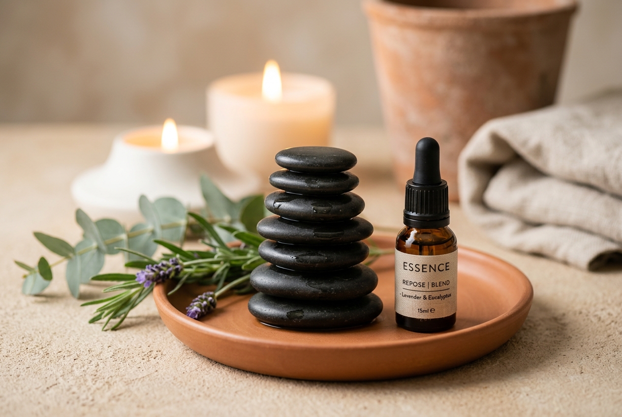 Acessórios terapêuticos de massagem sob luz suave, evocando equilíbrio clínico e bem-estar
