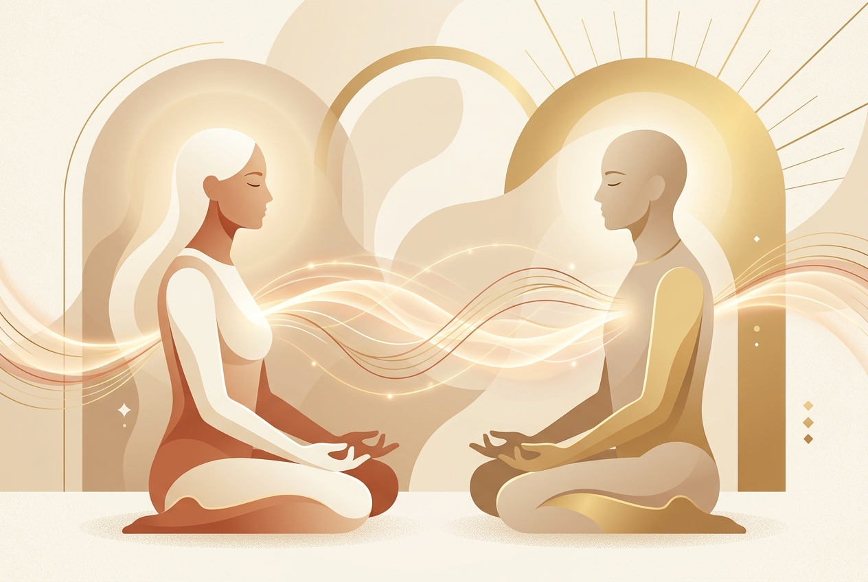 Representação conceitual de meditação e energia fluindo entre duas pessoas com respeito e entrega