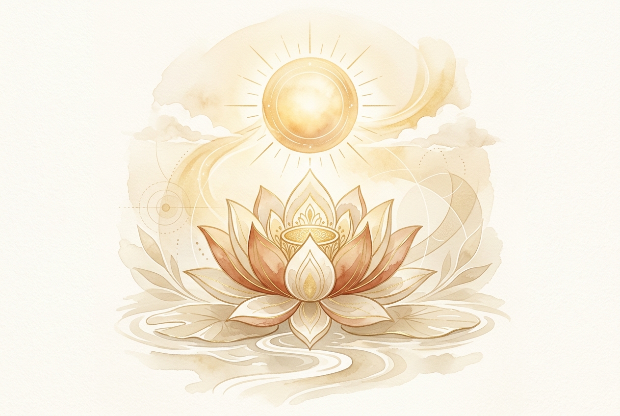 Ilustração sutil de uma flor de lótus sob o sol, simbolizando a abertura de energia no Tantra