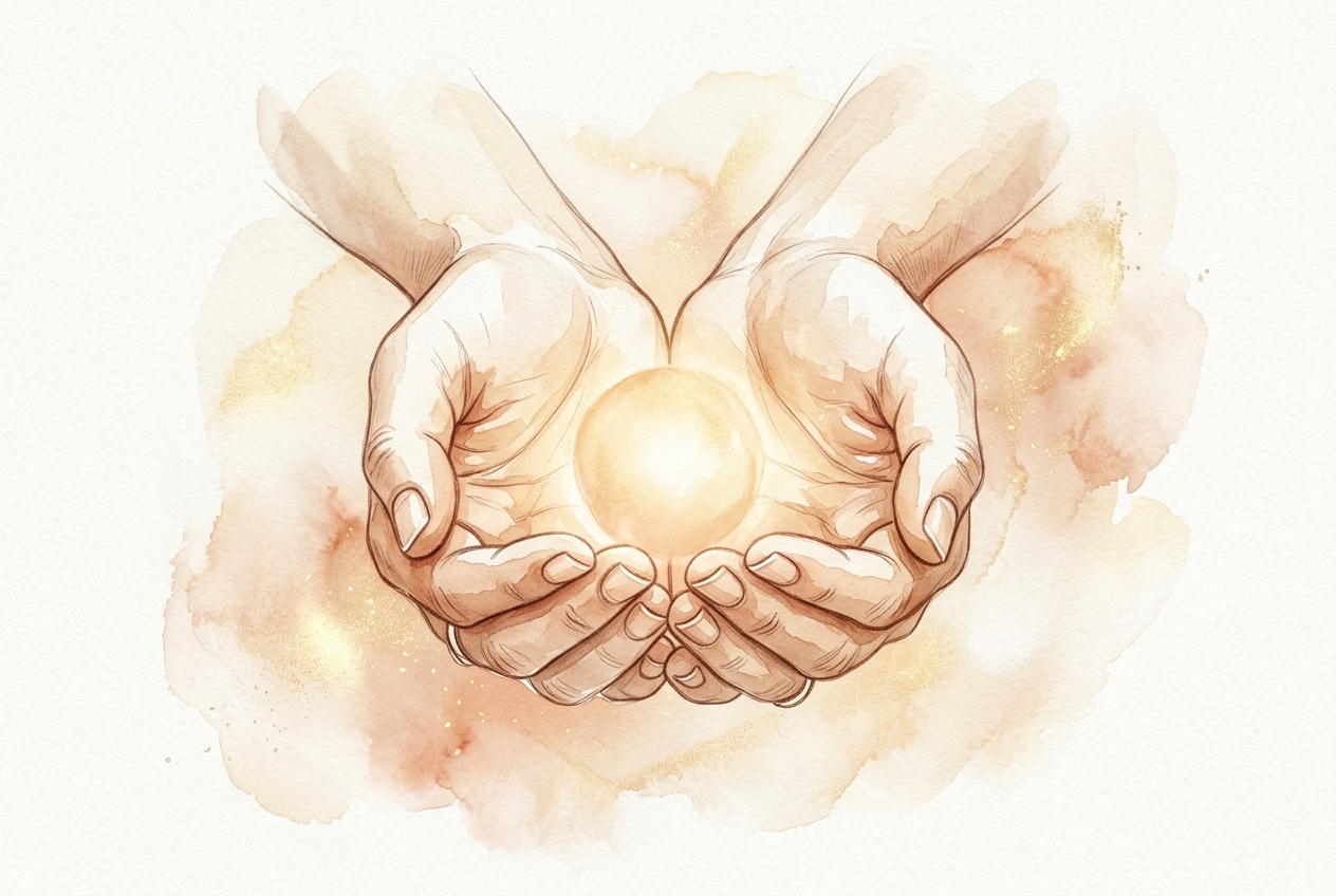 Mãos segurando um ponto de luz, representando segurança, ética e confiança na massagem